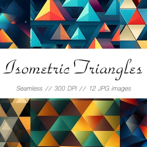 May include: A set of 12 seamless digital paper patterns featuring colorful isometric triangles in shades of blue, yellow, orange, red, and green. The patterns are 300 DPI and are perfect for use in digital scrapbooking, graphic design, and other creative projects.
