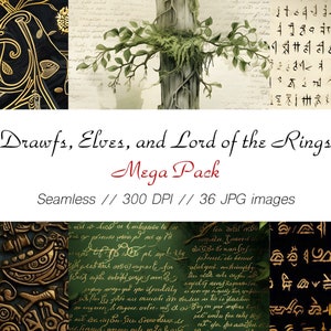 May include: A digital collage of four images featuring fantasy-themed patterns. The top image is a black background with gold floral designs. The second image is a green background with black script writing. The third image is a white background with black script writing. The fourth image is a black background with gold script writing. The text "Drawfs, Elves, and Lord of the Rings Mega Pack Seamless // 300 DPI // 36 JPG images" is in the center of the collage.