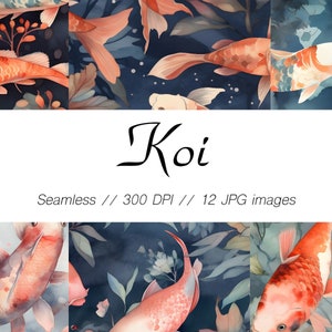 May include: Twelve seamless digital paper patterns featuring koi fish in a watercolor style. The patterns are in shades of blue, green, and pink with white accents. The patterns are 300 DPI and are perfect for scrapbooking, card making, and other craft projects.