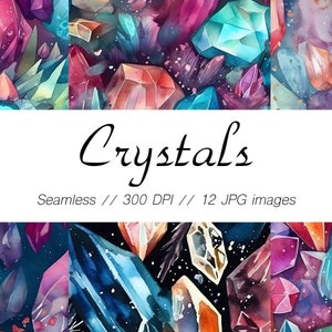 Puede incluir: Una ilustración digital de un patrón sin costuras que presenta cristales coloridos sobre un fondo azul oscuro. Los cristales son de varias formas y tamaños, y algunos parecen brillar. El texto "Crystals" está escrito en una fuente cursiva en la parte superior de la imagen, con el texto "Seamless // 300 DPI // 12 JPG images" debajo.