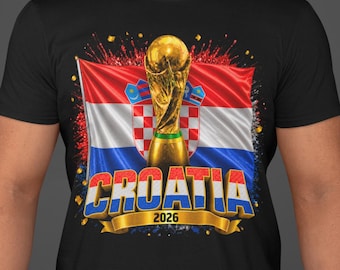 Croatia Soccer Black T-Shirt 2026, Double Sided Croatia Flag Football Shirt, Front and Back Print Fan Jersey, World Cup Era Graphic Tee