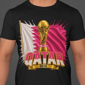 Qatar VM 2026 T-shirt, Qatar fotbollsfan-t-shirt, dubbelsidig fotbollst-shirt, Qatar flagga trofégrafik bild 1