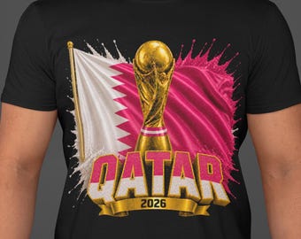 Qatar World Cup 2026 Shirt, Qatar Soccer Fan Tee, Double Sided Football T-Shirt, Qatar Flag Trophy Graphic Tee