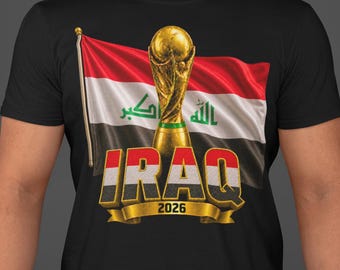 Iraq World Cup 2026 Shirt, Iraq Soccer Fan Tee, Double Sided Football T-Shirt, Iraqi Flag Trophy Graphic Tee