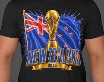 New Zealand World Cup 2026 Shirt, New Zealand Soccer Fan Tee, Double Sided Football T-Shirt, NZ Flag Trophy Graphic Tee
