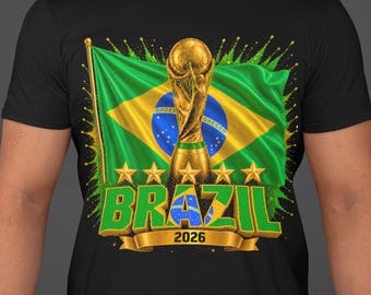 Brazil Soccer 5 Stars Black T-Shirt 2026, Double Sided Brazil Flag Football Shirt, Front and Back Print Fan Jersey, World Cup