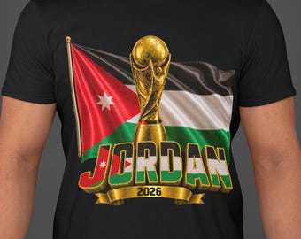 Jordanien VM 2026 T-shirt, Jordanien fotbollsfan-T-shirt, dubbelsidig fotbolls-T-shirt, Jordanien flagga trofégrafik T-shirt