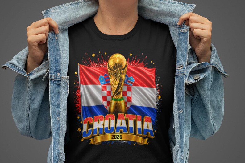 Black t-shirt worn by a male model featuring a Croatia football-themed design with the FIFA World Cup trophy, Croatian flag, and bold “CROATIA 2026” text on the front.