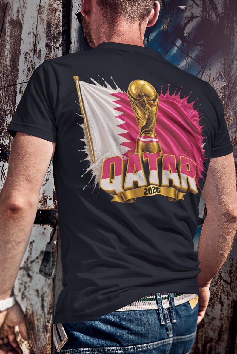 Qatar VM 2026 T-shirt, Qatar fotbollsfan-t-shirt, dubbelsidig fotbollst-shirt, Qatar flagga trofégrafik bild 8