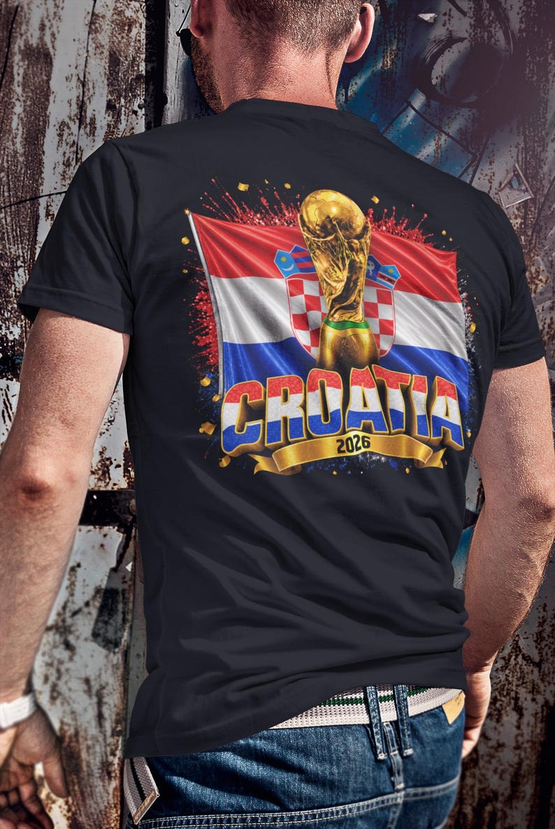 Black t-shirt worn by a male model featuring a Croatia football-themed design with the FIFA World Cup trophy, Croatian flag, and bold “CROATIA 2026” text on the front.