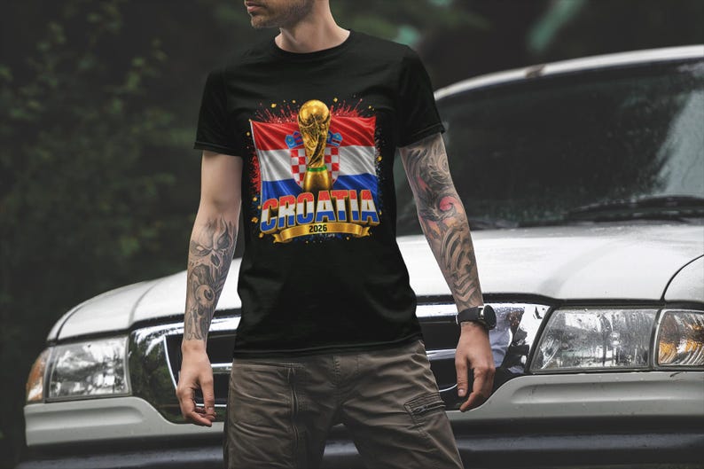 Black t-shirt worn by a male model featuring a Croatia football-themed design with the FIFA World Cup trophy, Croatian flag, and bold “CROATIA 2026” text on the front.