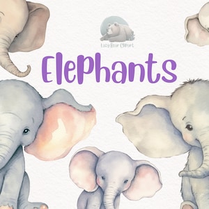 Elephant Watercolor Clipart, Cute Nursery Decor, Wall Art,Baby Shower PNG, Safari Animal Graphics