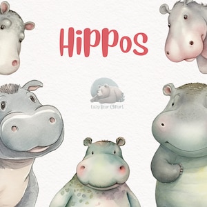 Hippo Watercolor Clipart, Cute Nursery Decor, Wall Art,Baby Shower PNG, Safari Animal Graphics