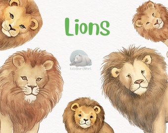 Lion Watercolor Clipart, Cute Nursery Decor, Wall Art,Baby Shower PNG, Safari Animal Graphics