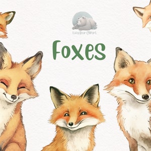 Fox Watercolor Clipart, Cute  Nursery Decor, Wall Art,Baby Shower PNG, Woodland Animal Graphics