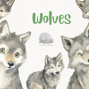 Wolf Watercolor Clipart, Cute Nursery Decor, Wall Art,Baby Shower PNG, Woodland Animal Graphics