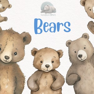 クマの水彩画のクリップアート、かわいい保育園の装飾、壁アート、ベビーシャワー PNG、森の動物のグラフィック