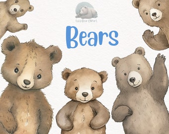 Bear Watercolor Clipart, Cute Nursery Decor, Wall Art, Baby Shower PNG, Woodland Animal Graphics