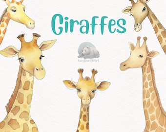 Clipart aquarelle de girafe, décor de pépinière mignon, Art mural, Baby Shower PNG, Safari Animal Graphics