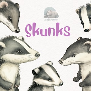 Skunk Watercolor Clipart, Cute Nursery Decor, Wall Art,Baby Shower PNG, Woodland Animal Graphics