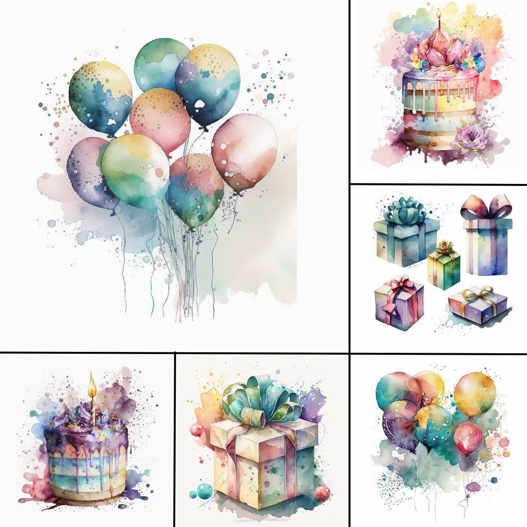 30 Watercolor Birthday Party Cake Present Balloons Clipart Bundle Gift ...