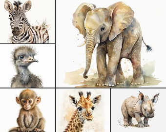 20 Safari Animals Watercolor Clipart, Safari animal Baby Shower Clipart, PNGs, africa animals  Art Decor, Commercial Use, Printable