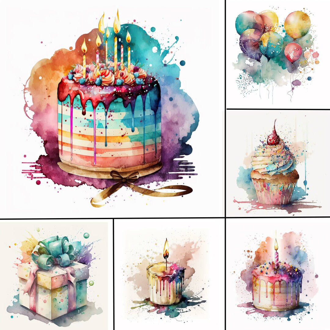 30 Watercolor Birthday Party Cake Present Balloons Clipart Bundle Gift ...