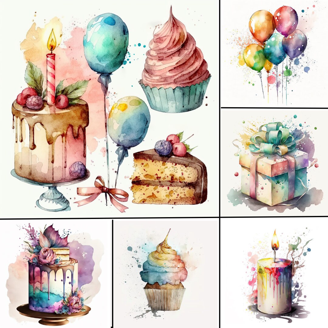 30 Watercolor Birthday Party Cake Present Balloons Clipart Bundle Gift ...