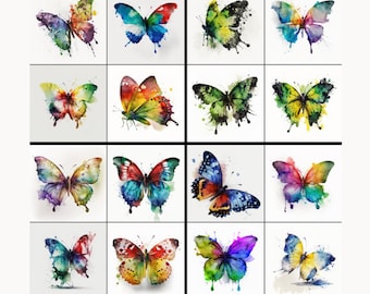 Pode incluir: Uma coleção de dezasseis pinturas de borboletas em aquarela. Cada borboleta apresenta uma paleta de cores única, incluindo tons de azul, verde, amarelo, vermelho e roxo. As borboletas são exibidas em um fundo branco.