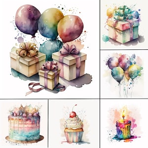 30 aquarelle anniversaire gâteau présent ballons Clipart Bundle cadeau - fond blanc téléchargement numérique PNG graphiques - usage Commercial