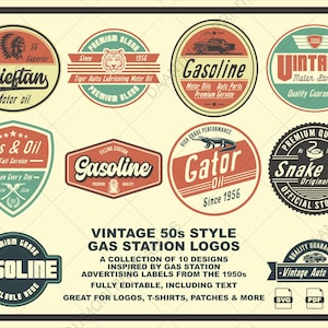 Pacchetto di loghi vintage per stazioni di servizio anni '50, etichette retrò per olio, etichette pubblicitarie anni '50, stemma con logo vintage per garage, logo di metà secolo, settore automobilistico.