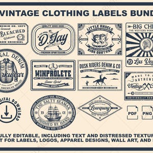 Vintage-Kleidungslabel-Bundle, bearbeitbare Kleidungsetiketten, Retro-Kleidungsetikettendesign, Vintage-Werbewandkunst, Retro-Kleidungsetikett SVG.