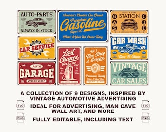 Atomic Garage 木製看板 ビンテージ風ダメージ加工90's Vintage Garage Signs: Retro Automotive Advertising Art (PNG, SVG