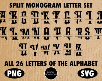 Paquete de fuentes de monograma SVG editables, conjunto de letras de monograma divididas, alfabeto de monograma SVG, PNG de monograma dividido, paquete de monogramas de alfabeto editables.