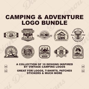 レトロキャンピングロゴバンドル：ビンテージアウトドアアドベンチャーバッジ（SVG、PNGデジタルダウンロード）