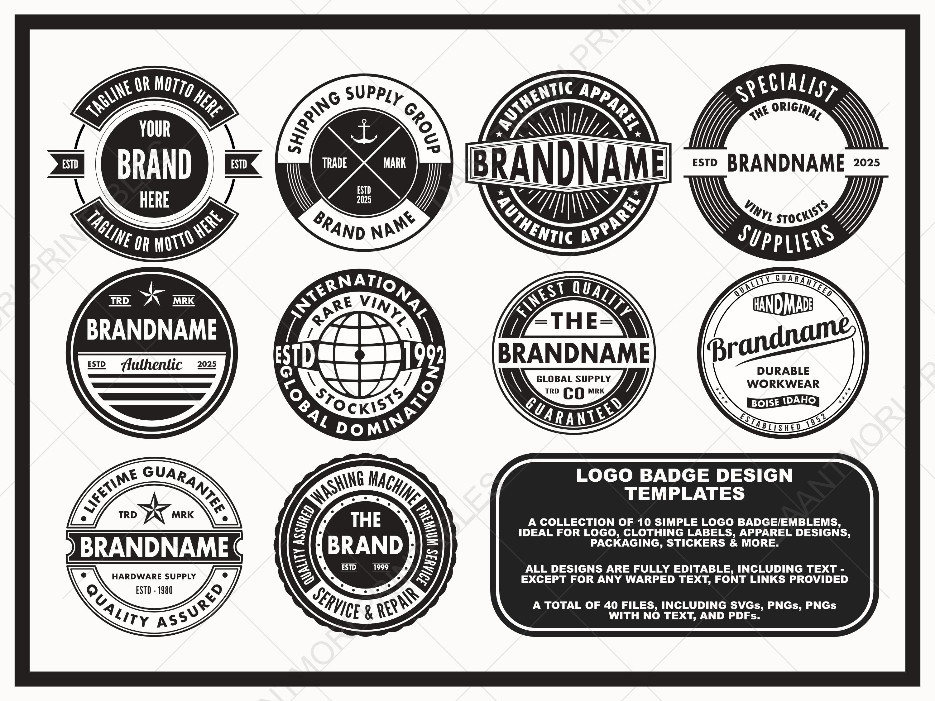 Vintage Badge Logo Bundle: Editable Round Logo Templates (SVG, PDF, PNG Digital Download)