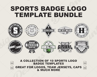 May include: A collection of 10 sports badge logo templates. The design includes various sports logos with text such as "Sports Team Club Logo", "Trotting Tigers", and "Newport Packers Hockey Club". The text "Sports Badge Logo Template Bundle" is at the top.