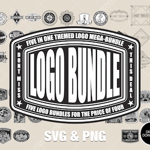 May include: Black and white logo bundle graphic with the text "Five in one themed logo mega-bundle" and "Logo Bundle" in a large font. The text "Five logo bundles for the price of four" is also included. The graphic includes the text "SVG & PNG" and "Digital Download".