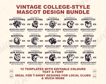 College T-Shirt Design Bundle: Bearbeitbare Teamlogos im Varsity-Stil (Digitaler Download)