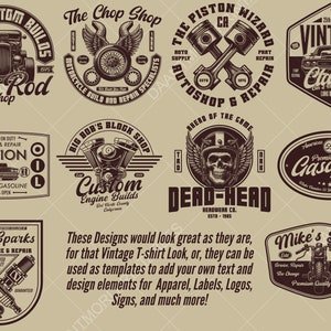 Pacchetto di loghi vintage per garage, pacchetto di magliette retrò per garage, maglietta con insegna da garage anni '50, logo hot rod, design di magliette con moto, stazione di servizio anni '50