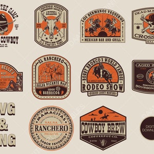 Bundel cowboylogo, Wild West-logo, cowgirl-logo, Old West Cowboy-labels en -borden, bundel cowboy T-shirtontwerp, Old West-patches en -emblemen