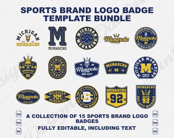 May include: A collection of 15 sports brand logo badge templates. The designs feature text such as "Monarchs", "Bay City", and "Michigan". The color scheme is primarily navy blue and gold. The text "Fully Editable, Including Text" is also included.