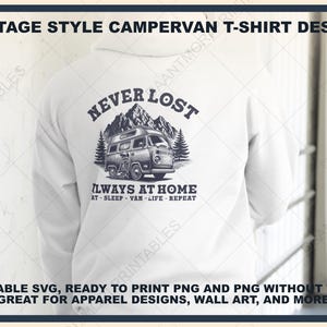 Vintage Camping T-Shirt Design, Retro Camping T-Shirt, nie verlorenes Camper Van T-Shirt, Van Leben, bearbeitbares T-Shirt Design, sofortiger Download.