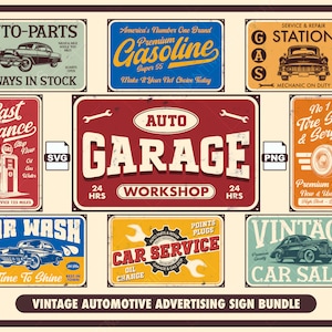 Insegne vintage da garage, insegne pubblicitarie retrò, decorazioni murali con mezzi di trasporto vintage in formato PNG, insegne pubblicitarie per automobili degli anni '50, maglietta con insegna da garage.