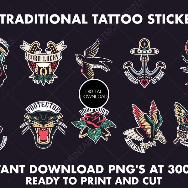 Traditional Tattoo PNG Stickers, Printable Sticker Download, Tattoo Stickers Bundle, Printable Tattoo Sticker Collection, Print and Cut PNGs