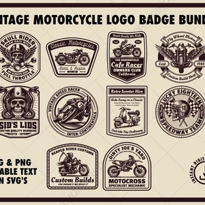 Pacchetto logo moto vintage, disegni Tshirt moto, modelli badge logo moto, logo motociclista retrò, toppa scooter, logo teschio motociclista