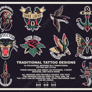 Traditional Tattoo Designs Bundle: Print & Cut PNG Stickers (Digital Download)