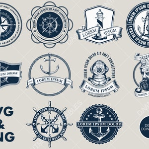Pacchetto di loghi nautici, set di clip art con loghi marini, loghi marittimi, pacchetto di loghi di marinai, stemma con logo di vela, stemma con logo nautico, logo oceanico SVG.