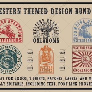 May include: A set of five vintage-style Western-themed logos featuring a cowboy riding a bull, a skull with a cowboy hat, a cowgirl, a raccoon, and a sunburst design. The logos are in red, blue, green, and black with white text. The text includes "Western Branded", "Outfitters", "The Big Hat Company", "Oklahoma", "Cowgirl Division", "Rangers Department", "The Ranchers Workwear Co.", and "18 Oklahoma 95".