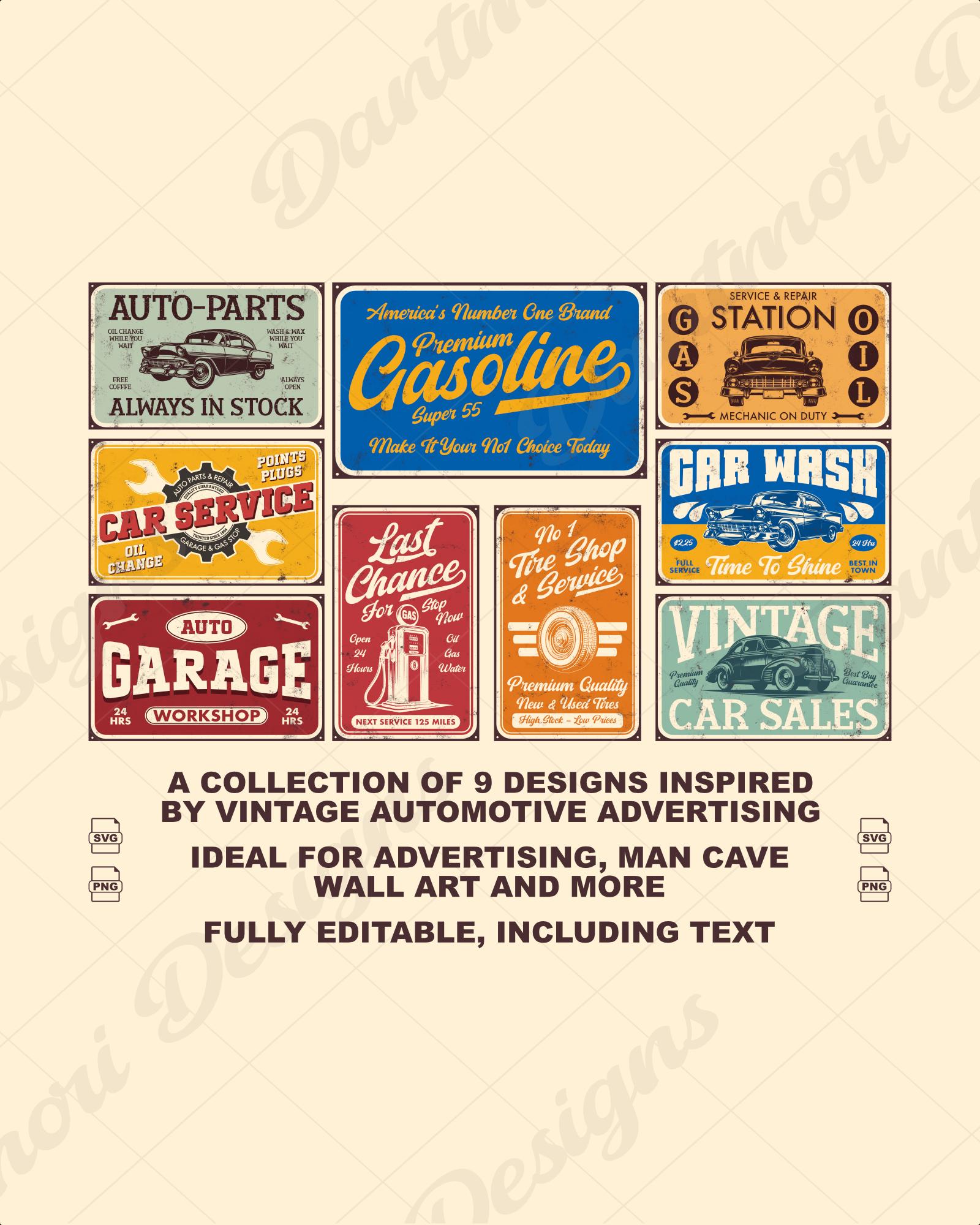 Vintage Garage Signs: Retro Automotive Advertising Art (PNG, SVG